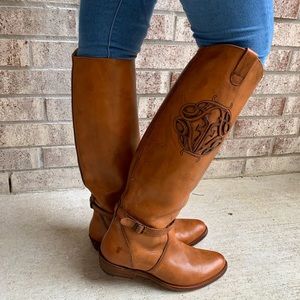 RARE Frye Shoes | Polished Leather, Laser Cut Logo Boots Cognac Brown "OBO!!!"